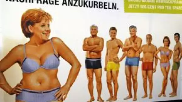 La canciller alemana, junto con ministros de su coalición y líderes de partidos de la oposición, aparece en un fotomontaje de la empresa de Bruno Banini.