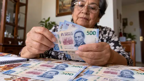 Mujer adulta mayor cuenta billetes mexicanos de 500 pesos sobre una mesa, con varios billetes acomodados frente a ella.