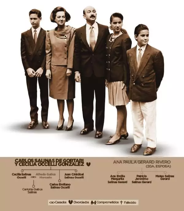 Salinas de Gortari llegó a la residencia oficial de Los Pinos con su esposa Cecilia Occelli González y sus tres hijos: Cecilia, Carlos Emiliano y Juan Cristóbal. Al concluir el sexenio, en 1994, se divorció y se volvió a casar con Ana Paula Gerard Rivero con quien ha procreado otros tres hijos.