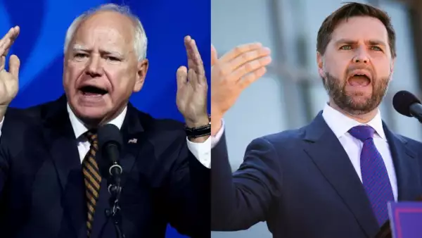 Combinación de fotos de los candidatos demócrata y republicano a la vicepresidencia, Tim Walz y JD Vance.