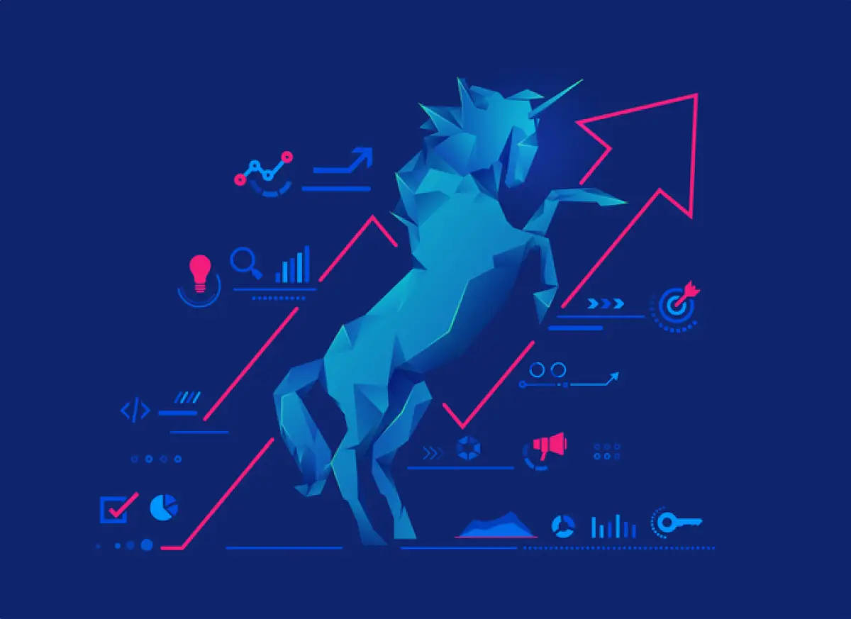 Ilustración de la sombra azul de un unicornio con gráficos a su alrededor.