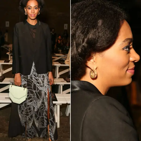 Honor Front Row NYFW 2014: Solange llevó un total look de la firma Honor para la pasarela con pumps de Rupert Sanderson. Cambió su típico afro por un medio chongo.