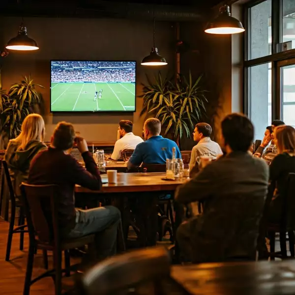 People,Sitting,In,Coffee,Bar,Watching,Tv,On,Screen