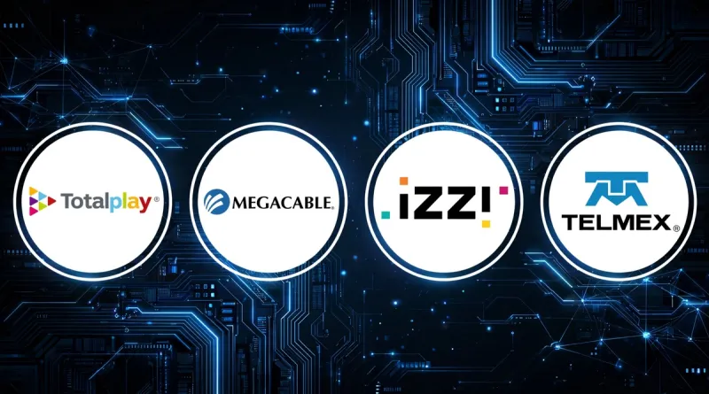 Logos de Izzi, Telmex, Totalplay y Megacable en círculos sobre un fondo azul.