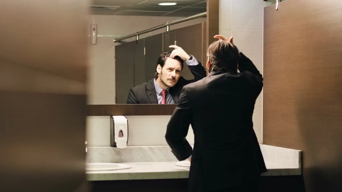 Empleado con traje se acomoda el cabello frente al espejo de un baño en su oficina. 