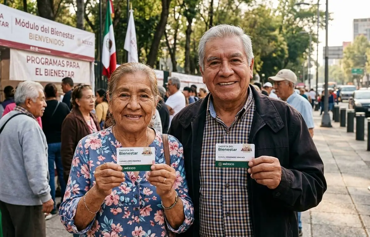 Dos adultos  mayores sosteniendo una tarjeta de la Pensión del Bienestar.