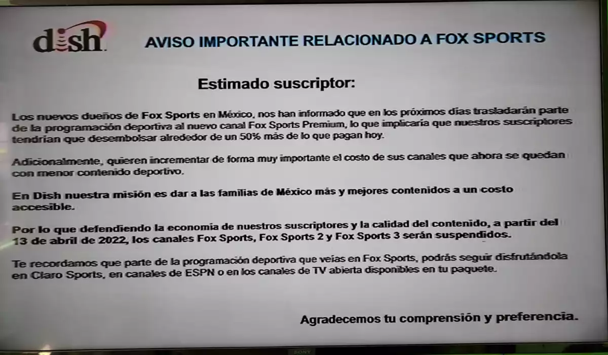 Dish informó en su misma programación el ceso de los programas de Fox Sports.