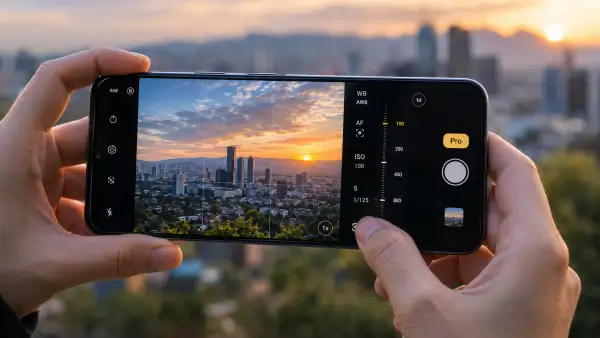 Manos sostienen un celular en modo Pro mientras encuadran un paisaje urbano al atardecer.