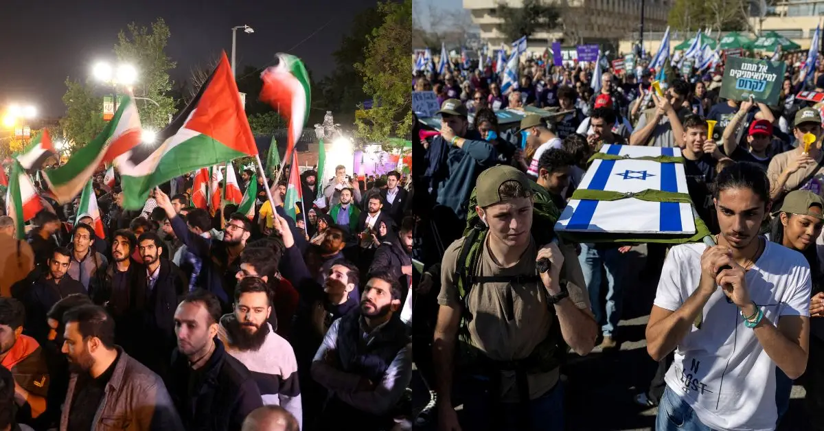 Los manifestantes iraníes asisten a una reunión antiisraelí frente a la embajada británica en Teherán, Irán, el 14 de abril de 2024.