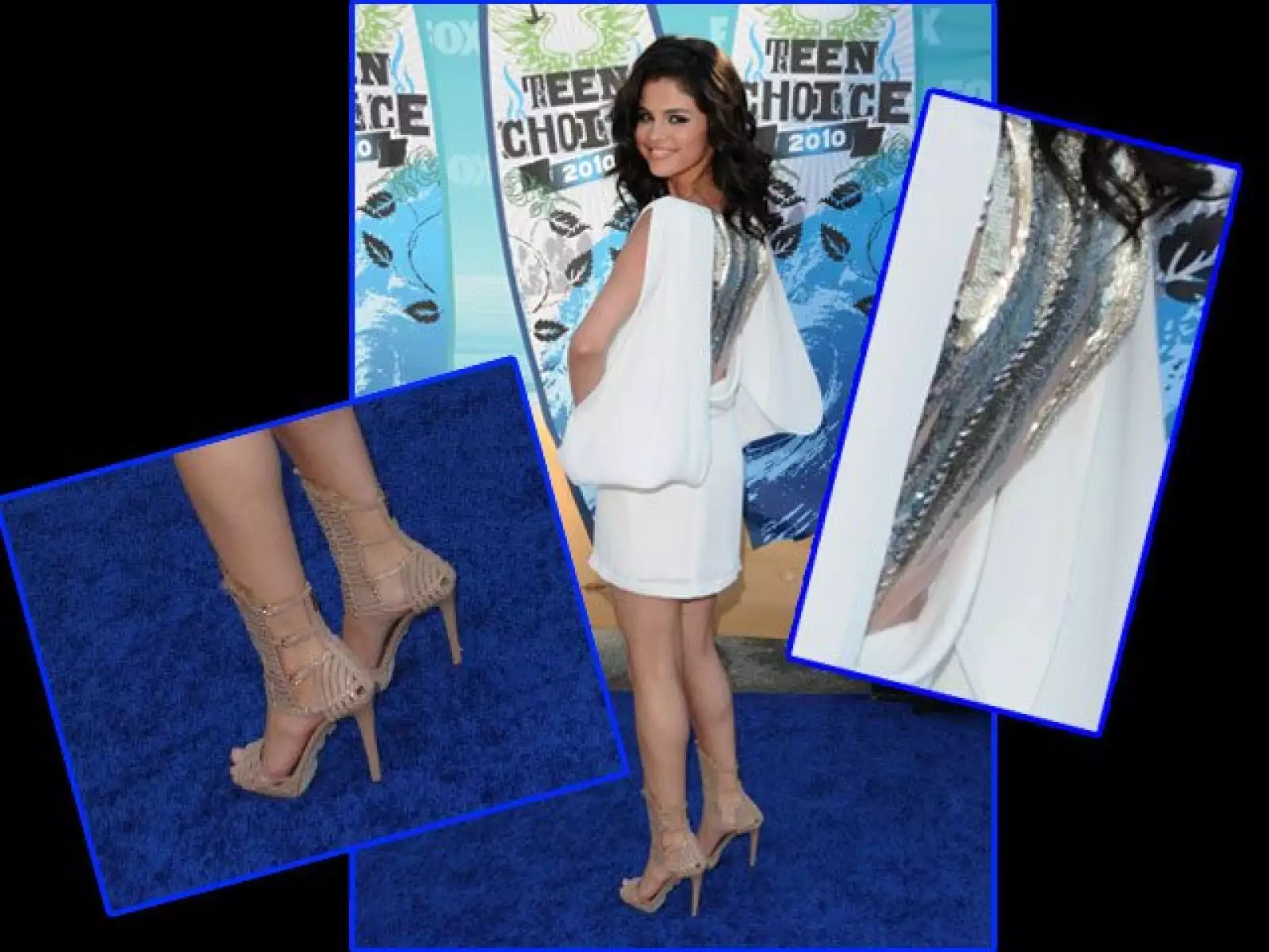 Selena Gómez se veía guapísima en un vestido blanco con aplicación en la espalda de BCBG Max Azria.