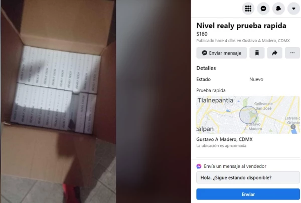 Realy tests, a brand that has not been approved by Cofepris, are sold on Facebook Marketplace.