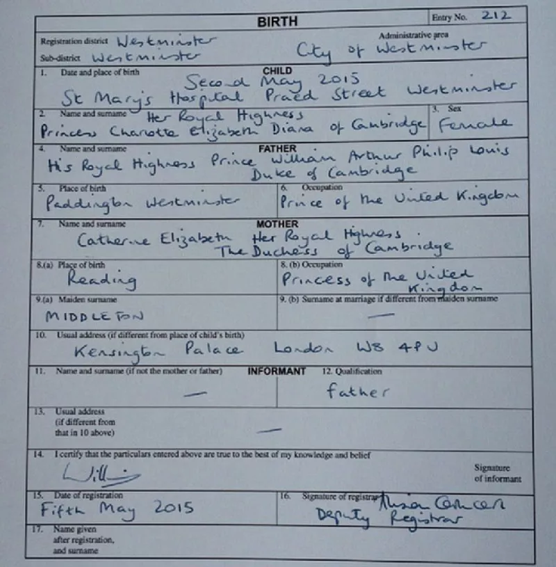 Escrita con su puño y letra, el príncipe entregó hoy la hoja de registro de la nueva integrante de la realeza, en la que se enlista su dirección en el Palacio de Kensington.