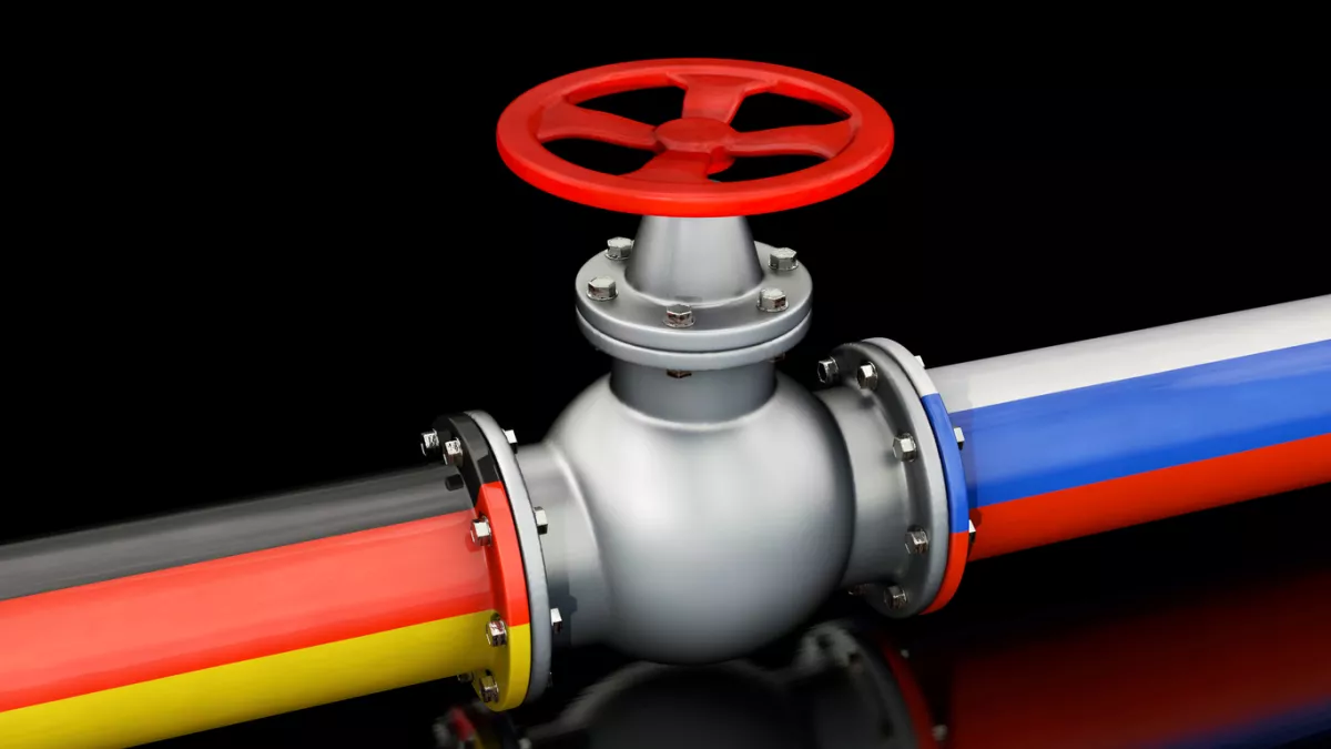  Ilustración de un gasoducto con dos tubos, uno con la bandera de alemania y otro con la bandera de Rusia. 