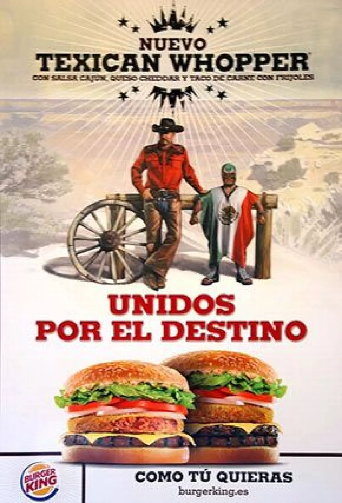 La cadena Burger King publicó un anuncio en el que utiliza la imagen de un hombre rechoncho disfrazado de luchador con una máscara, un traje y una capa con los colores de la bandera mexicana.