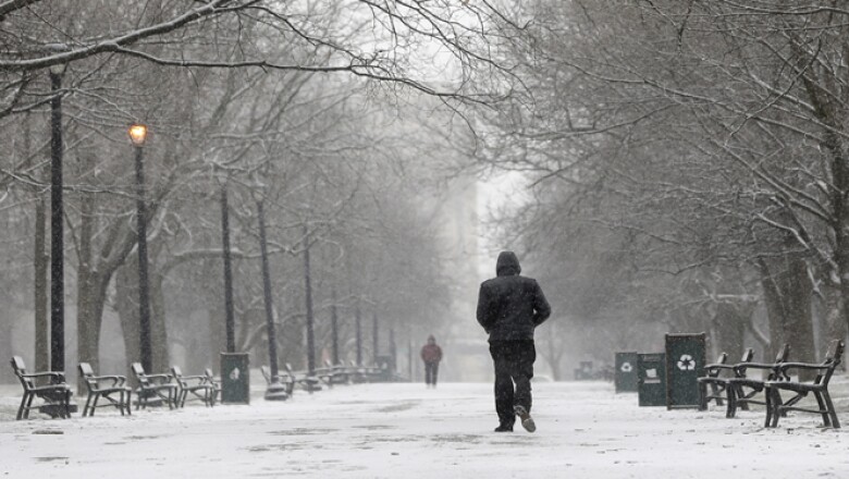 Autoridades estadounidenses han clausurado varias vías debido a la cantidad de nieve. Un hombre camina en un parque de Albany, Nueva York.