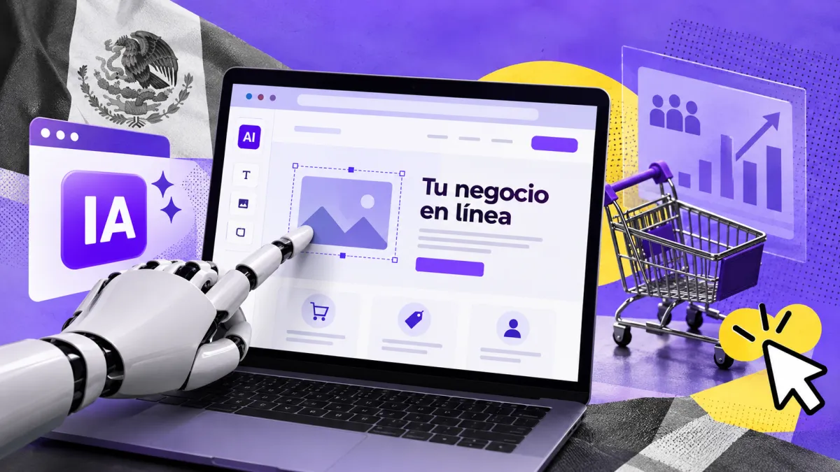 Ilustración en tonos morados y amarillos con una mano robótica señalando la pantalla de un negocio en línea. Alrededor parecen carritos de compras en línea, un cursor y la bandera de México en blanco y negro. 