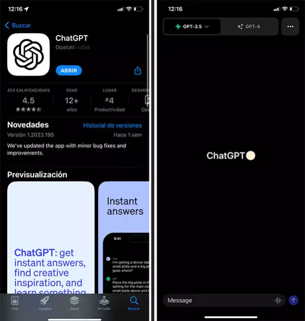 captura de pantalla de la app ChatGPT en iOS