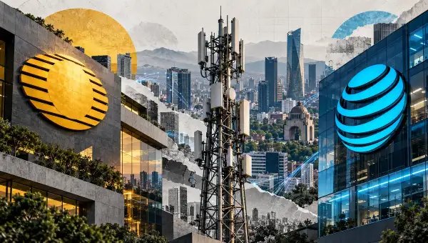 Fotoarte con los emblemas de Televisa y AT&T sobre edificios, una antena de telecomunicaciones al centro y un paisaje urbano de fondo.