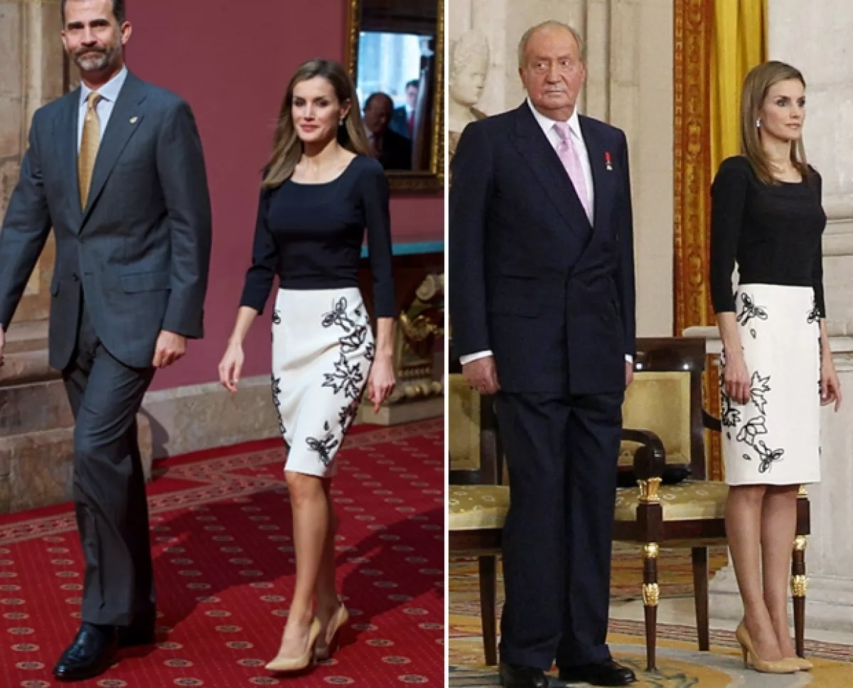 Esta mañana la reina de España lució un outfit que llevó el día de la abdicación de su suegro, Juan Carlos de España, también del diseñador Felipe Varela.
