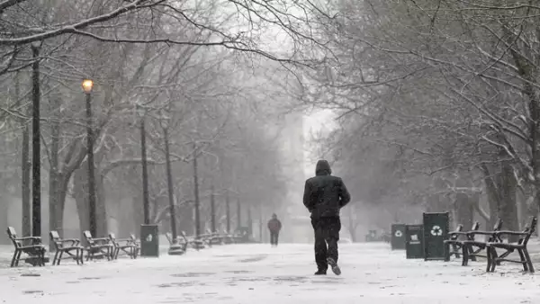 Autoridades estadounidenses han clausurado varias vías debido a la cantidad de nieve. Un hombre camina en un parque de Albany, Nueva York.