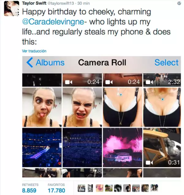 Así es como Taylo felicita a una de sus besties, con screenshot de las imágenes que tiene en su celular y que la propia modelo se toma.