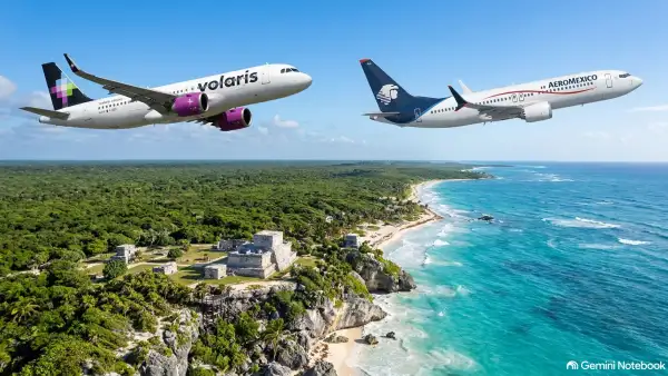 Un avión de Volaris y otro de Aeroméxico sobrevuelan el Parque Jaguar en Tulum.