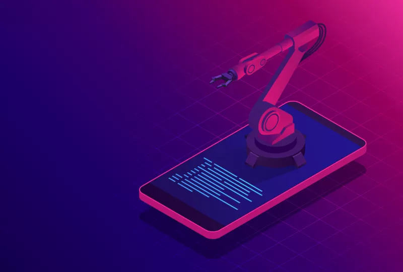 Isometric artificial intelligence. Chat bot and future marketing. AI and business IOT concept. Mans and women chatting with chatbot application. Dialog help service. Vector illustration