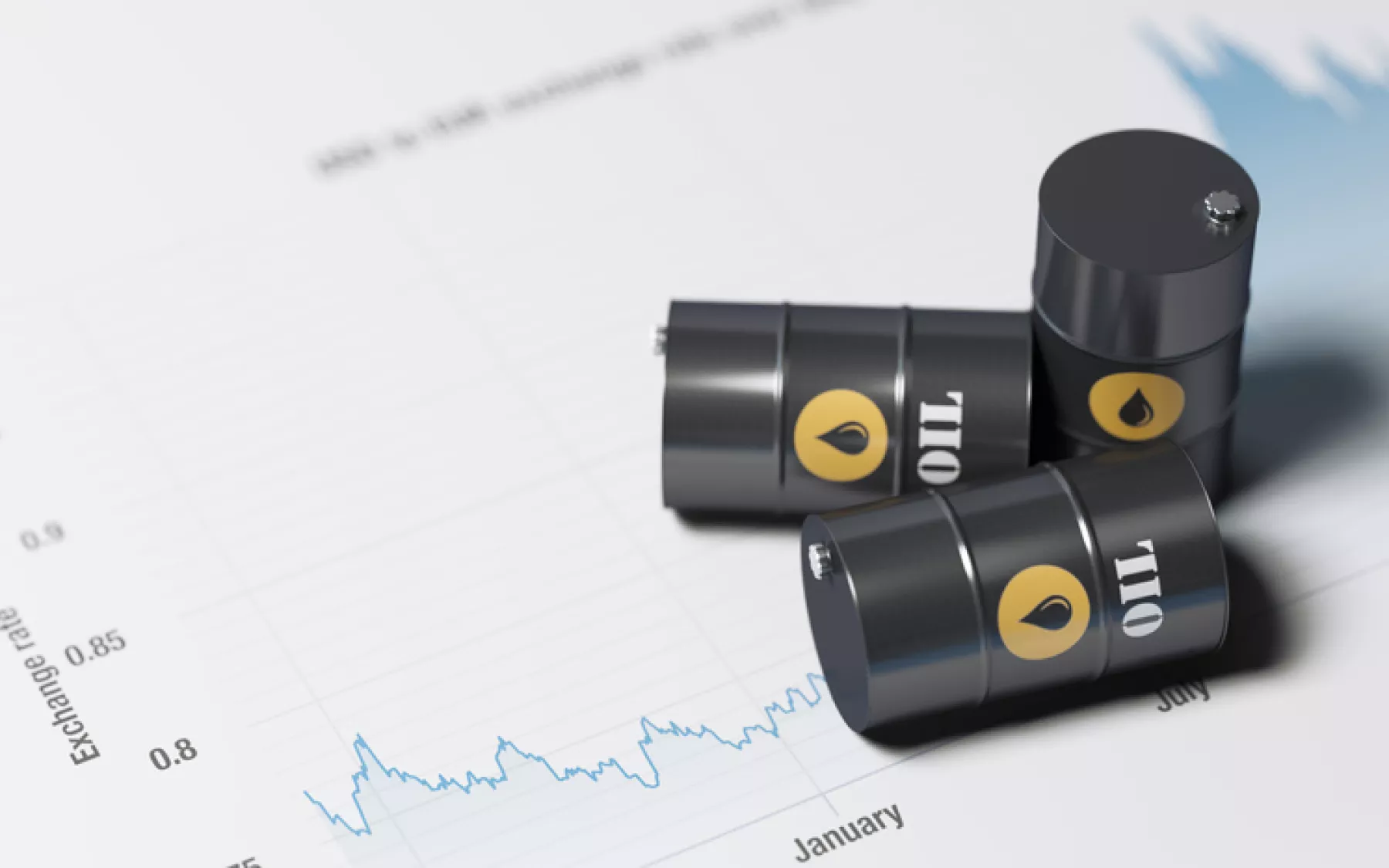 Blue Financial Chart and Tiny Oil Barrels : Global Oil Price Concept