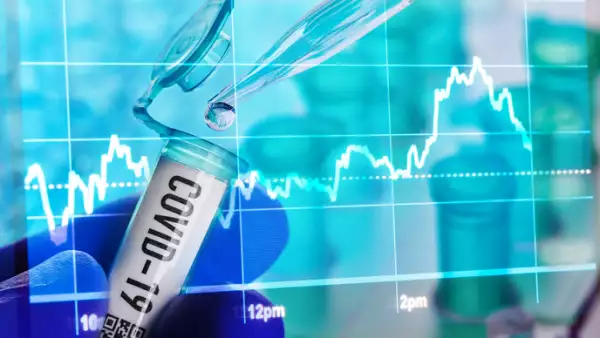 Corona virus: vial with corona virus, and stock chart covid-19