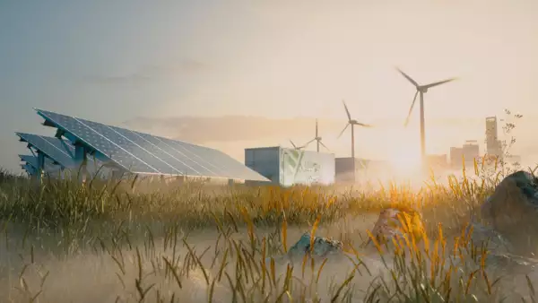 Concept of renewable energy solution in beautiful morning light. Installation of solar power plant, container battery energy storage systems, wind turbine farm and city in background. 3d rendering.