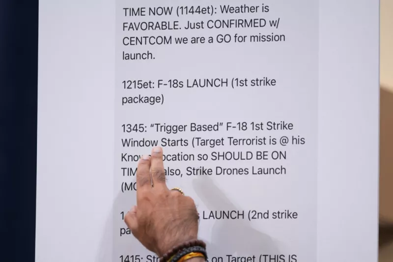 El representante Raja Krishnamoorthi (D-IL) señala los mensajes de texto del Secretario de Defensa Pete Hegseth durante una audiencia anual de evaluación de amenazas mundiales en el edificio de oficinas de Longworth House el 26 de marzo de 2025 en Washington, DC. La audiencia celebrada por el Comité Selecto Permanente de Inteligencia de la Cámara de Representantes se dirigió inadvertidamente a los principales ayudantes, incluido Jeffrey Goldberg, el editor en jefe de la revista The Atlantic, en un chat grupal de alto nivel de la administración Trump Signal discutiendo planes para bombardear objetivos hutíes en Yemen.