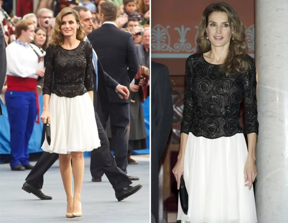 La princesa de Asturias curiosamente ha repetido diseños de Felipe Varela los cuales realza con accesorios. La primera foto corresponde a 2012, la segunda en noviembre de este año.