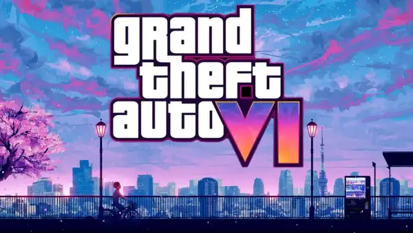 Logotipo de GTA VI sobre una ilustración urbana en tonos azules y rosas, con un ciclista y edificios al fondo.