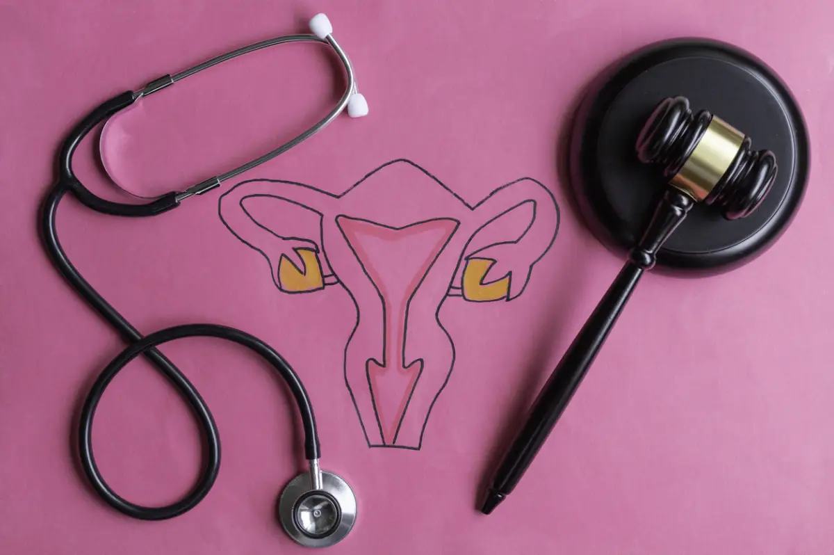 Dibujo del sistema reproductivo femenino con mazo de juez y estetoscopio sobre un fondo rosa. 