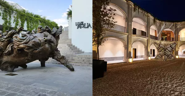 Escultura “Cabeza Vainilla” y Matatena Colonial de Faroles en el resort Live Aqua San Miguel de Allende.