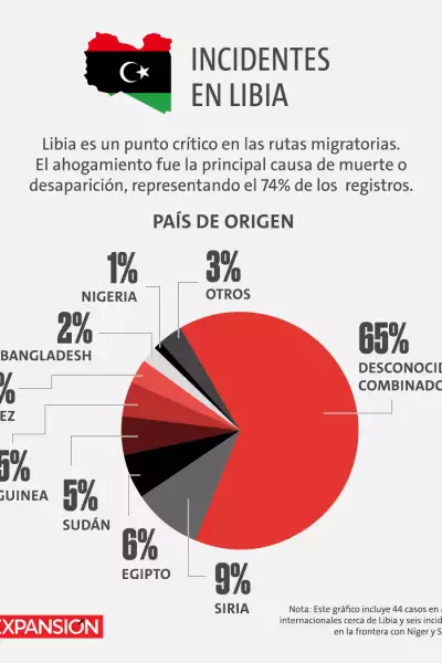 Gráfica de pastel con los porcentajes del país de origen de las personas registradas. Se desconoce el origen del 65%, el 9% era de origen sirio, 6% egipcio, 5% sudanés, entre otros.