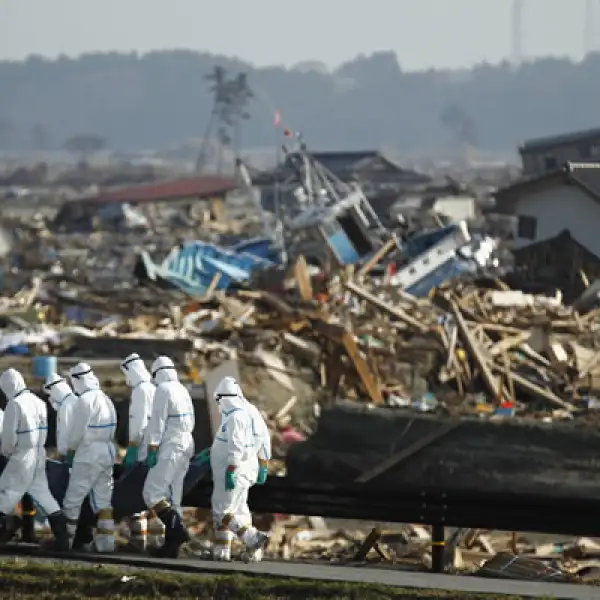 Policías japoneses cargan un cuerpo sin vida, después del terremoto y tsunami que azotó el país oriental el 11 de marzo.