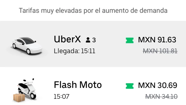 Captura de pantalla de la app de Uber