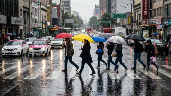 Personas cruzan la calle en CDMX con fuertes lluvias.