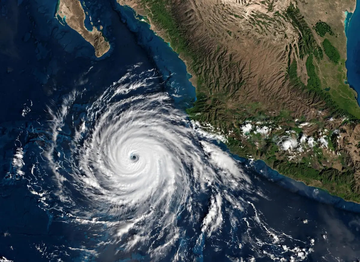 Huracán Rachel en el Pacífico frente a México visto desde satélite el 30 de septiembre de 2026, con ojo visible y trayectoria cercana a la costa occidental de México.