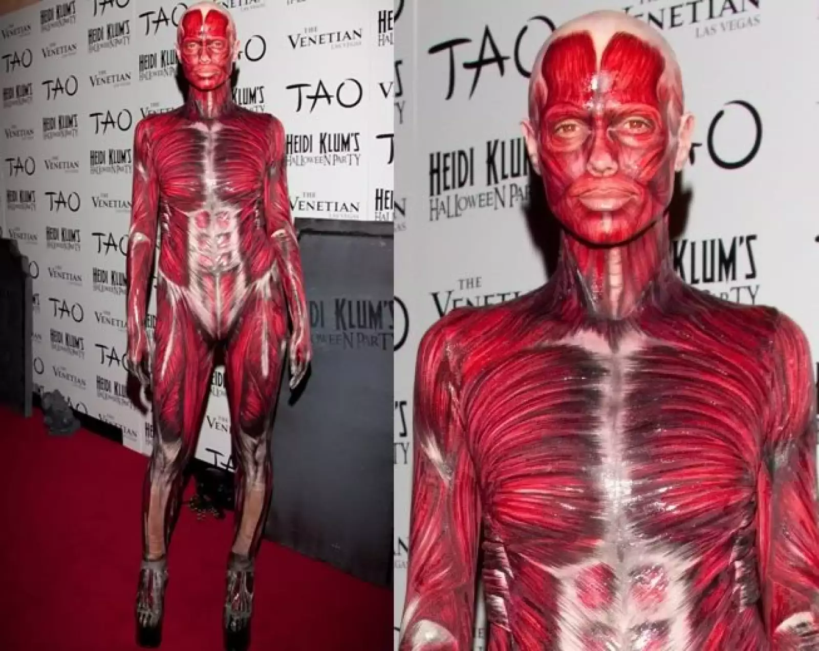 La modelo lució un disfraz de un cuerpo humano sin piel durante su fiesta en Las Vegas.