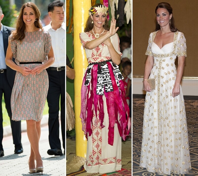 En Singapur usó un vestido de Raoul, en las islas Solomón combinó uno Alice Temperley con una falda tradicional y Alexander McQueen, su favorito, le hizo uno a la medida.