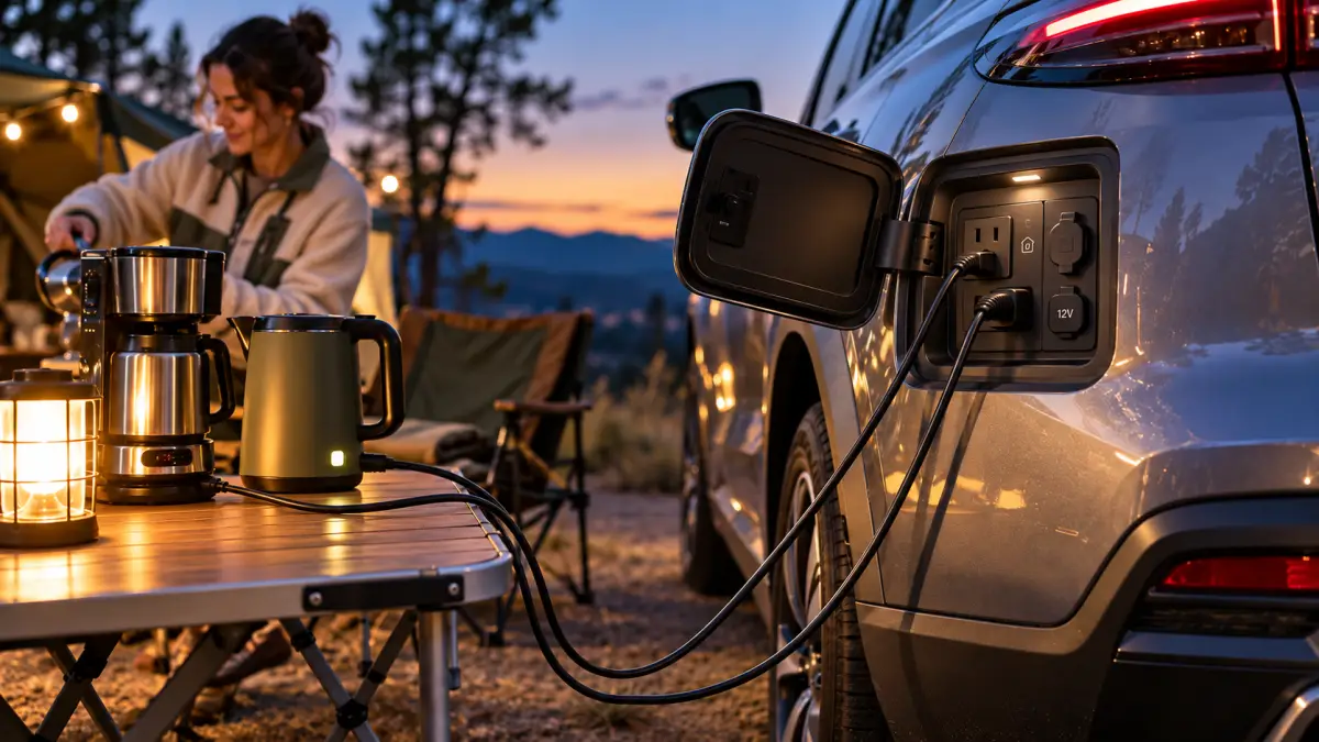 Una SUV eléctrica proporciona energía a otros aparatos mientras su dueña se encuentra de día de campo.