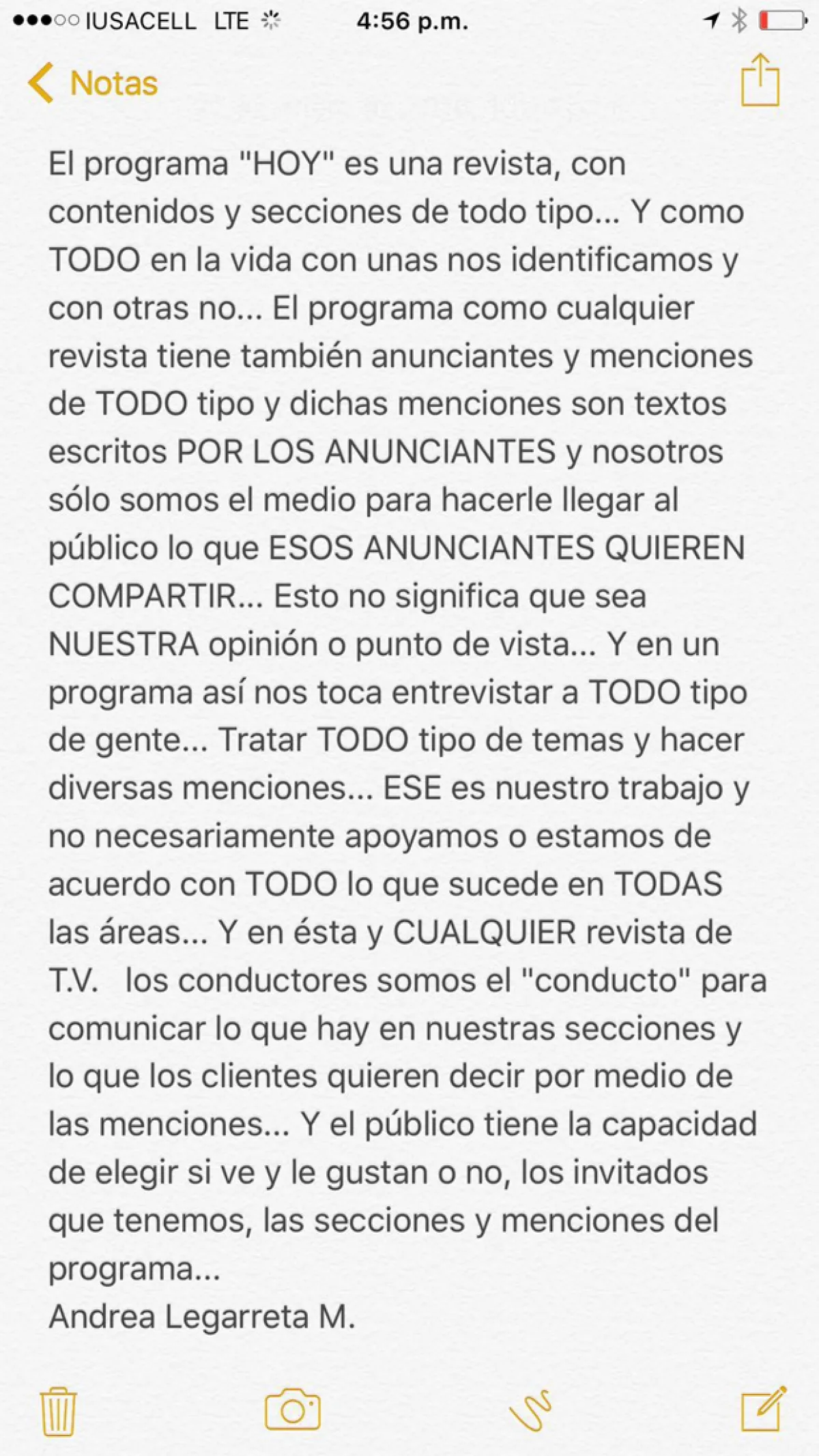 Anteriormente la conductora ya había publicado un comunicado.