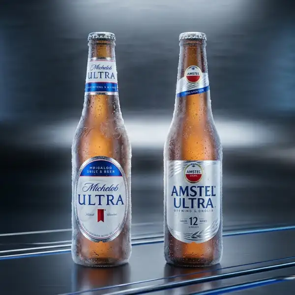 Imagen que presenta, al centro y sobre una plataforma metálica reflectante, dos botellas heladas de vidrio ámbar cubiertas de escarcha y gotas de condensación: a la izquierda, **Michelob Ultra** con su distintiva etiqueta blanca, tipografía en azul cobalto y el acento rojo central; y a la derecha, **Amstel Ultra** con su presentación en tonos plateados, azulados y su escudo circular. La escena está enmarcada por una iluminación industrial de estudio en tonos azul profundo y gris con sutiles líneas de neón, resaltando de forma dramática la confrontación directa y la rivalidad comercial entre ambas marcas *ultra*.