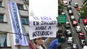 Una manta con el mensaje 'No a la gentrificación' en un edificio de la CDMX; una manifestante que exige agua limpia en Guadalajara y tráfico detenido en la CDMX.