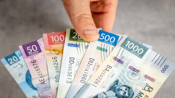 Mano extendida hacia el dinero. Fondo gris, toma cenital, contexto financiero, peso mexicano, concepto de negocios y finanzas, primer plano.