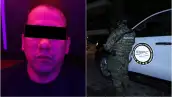 A la izquierda el rostro de Govén Ulisses “N”, “El Amarillo”, con los ojos cubiertos de negro tras su detención. A lado derecho, un militar sostiene su arma junto a una patrulla de la SSPC.