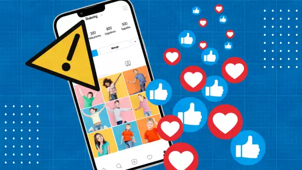 El sharenting es una práctica muy común en redes sociales. (Un celular con fotos de niños en la pantalla e iconos de riesgo y de like).
