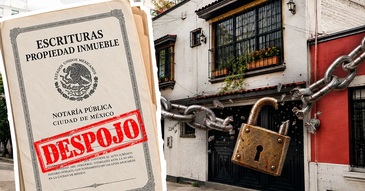 Vivienda con un cerrojo en alusión al problema de despojos en CDMX y unas escrituras, la principal herramienta para dar certeza jurídica. 